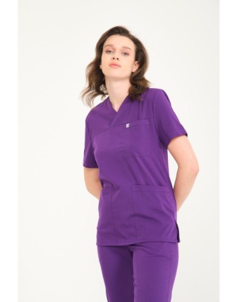 Likralı Scrubs Zarf Yaka Takım - Mor
