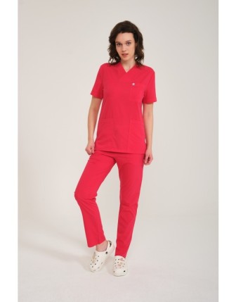 Likralı Scrubs Zarf Yaka Takım - Nar Çiçeği