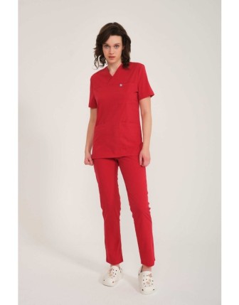Likralı Scrubs Zarf Yaka Takım - Kırmızı