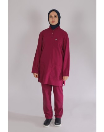 Likralı Tesettür Scrubs Takım - Vişne