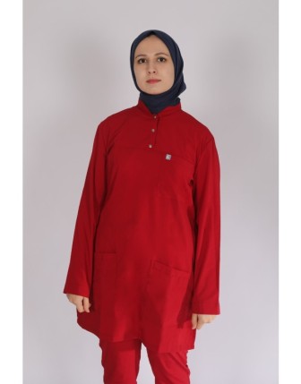 Likralı Tesettür Scrubs Tek Üst - Kırmızı