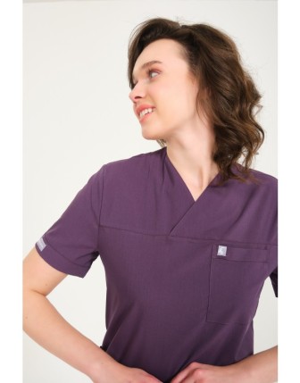 Pratik Medikal Likralı Scrubs Zarf Yaka Üniforma Tek Üst - Mürdüm