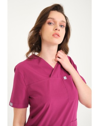 Pratik Medikal Likralı Scrubs Zarf Yaka Üniforma Tek Üst - Vişne