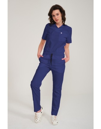 Likralı Scrubs Zarf Yaka Takım - Fırtına Mavi