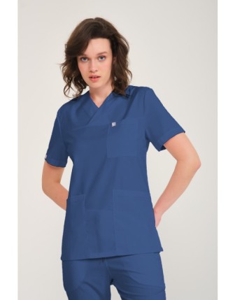 Pratik Medikal Likralı Scrubs Zarf Yaka Üniforma Tek Üst - İndigo