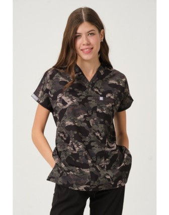 Likralı Scrubs Yarasa Kol Tek Üst - Kamuflaj
