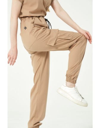 Pratik Medikal Likralı Kargo Cep Jogger Paça Doktor Hemşire Forması Tek Alt Unisex - Bej