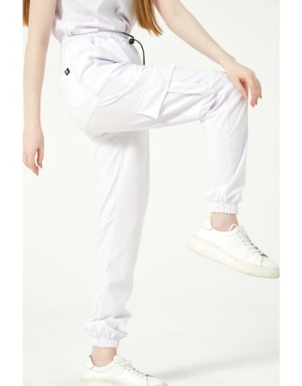 Pratik Medikal Likralı Kargo Cep Jogger Paça Doktor Hemşire Forması Tek Alt Unisex - Beyaz