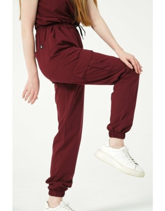Pratik Medikal Likralı Kargo Cep Jogger Paça Doktor Hemşire Forması Tek Alt Unisex - Bordo