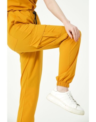 Pratik Medikal Likralı Kargo Cep Jogger Paça Doktor Hemşire Forması Tek Alt Unisex - Hardal