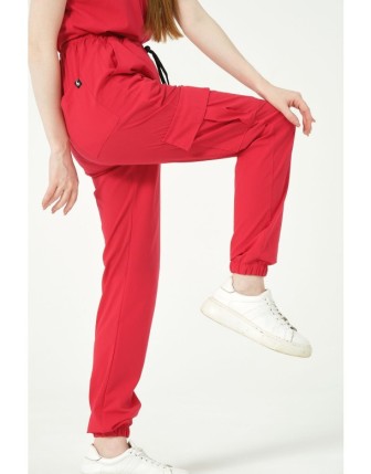 Pratik Medikal Likralı Kargo Cep Jogger Paça Doktor Hemşire Forması Tek Alt Unisex - Nar Çiçeği