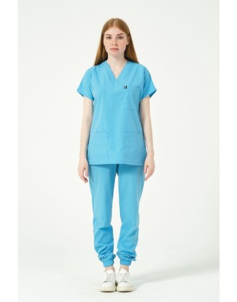 Pratik Medikal Likralı Scrubs Jogger Paça Doktor Hemşire Forması Yarasa Kol Takım Unisex - Bebe Mavi