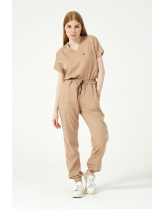 Pratik Medikal Likralı Scrubs Jogger Paça Doktor Hemşire Forması Yarasa Kol Takım Unisex - Bej