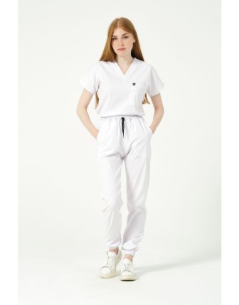 Pratik Medikal Likralı Scrubs Jogger Paça Doktor Hemşire Forması Yarasa Kol Takım Unisex - Beyaz