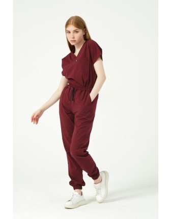 Pratik Medikal Likralı Scrubs Jogger Paça Doktor Hemşire Forması Yarasa Kol Takım Unisex - Bordo