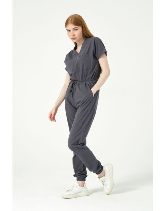 Pratik Medikal Likralı Scrubs Jogger Paça Doktor Hemşire Forması Yarasa Kol Takım Unisex - Füme