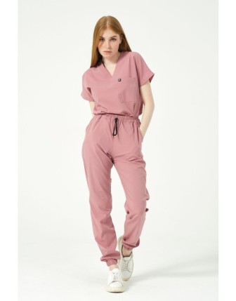 Pratik Medikal Likralı Scrubs Jogger Paça Doktor Hemşire Forması Yarasa Kol Takım Unisex - Gül Kurusu