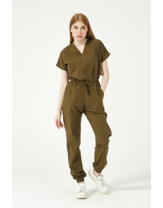 Pratik Medikal Likralı Scrubs Jogger Paça Doktor Hemşire Forması Yarasa Kol Takım Unisex - Haki