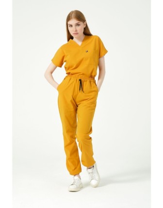 Pratik Medikal Likralı Scrubs Jogger Paça Doktor Hemşire Forması Yarasa Kol Takım Unisex - Hardal