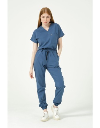 Pratik Medikal Likralı Scrubs Jogger Paça Doktor Hemşire Forması Yarasa Kol Takım Unisex - İndigo