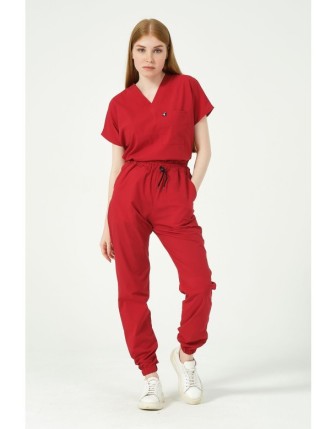 Pratik Medikal Likralı Scrubs Jogger Paça Doktor Hemşire Forması Yarasa Kol Takım Unisex - Kırmızı