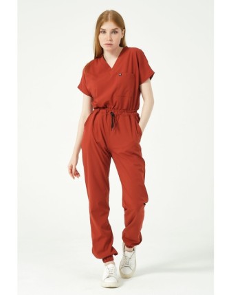 Pratik Medikal Likralı Scrubs Jogger Paça Doktor Hemşire Forması Yarasa Kol Takım Unisex - Kiremit