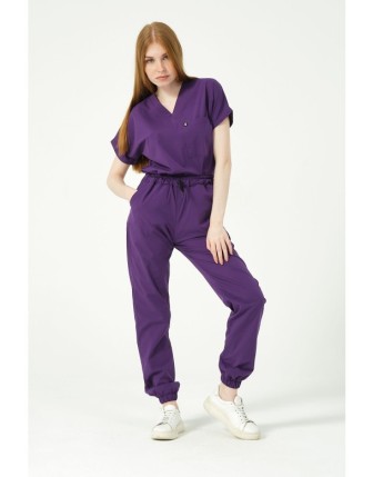 Pratik Medikal Likralı Scrubs Jogger Paça Doktor Hemşire Forması Yarasa Kol Takım Unisex - Mor