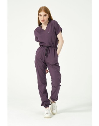 Pratik Medikal Likralı Scrubs Jogger Paça Doktor Hemşire Forması Yarasa Kol Takım Unisex - Mürdüm