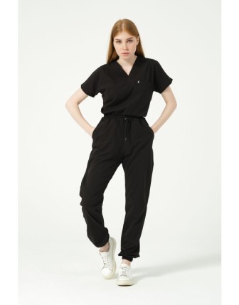 Pratik Medikal Likralı Scrubs Jogger Paça Doktor Hemşire Forması Yarasa Kol Takım Unisex - Siyah