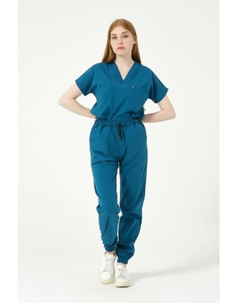 Pratik Medikal Likralı Scrubs Jogger Paça Doktor Hemşire Forması Yarasa Kol Takım Unisex - Turkuaz