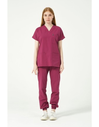 Pratik Medikal Likralı Scrubs Jogger Paça Doktor Hemşire Forması Yarasa Kol Takım Unisex - Vişne