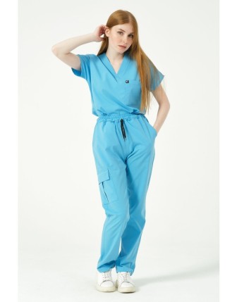 Pratik Medikal Likralı Scrubs Kargo Cep Doktor Hemşire Forması Yarasa Kol Takım Unisex - Bebe Mavi
