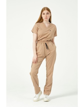 Pratik Medikal Likralı Scrubs Kargo Cep Doktor Hemşire Forması Yarasa Kol Takım Unisex - Bej