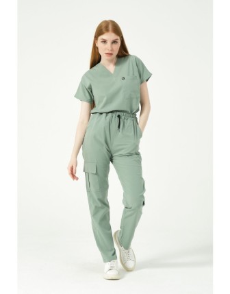 Pratik Medikal Likralı Scrubs Kargo Cep Doktor Hemşire Forması Yarasa Kol Takım Unisex - Çağla Yeşili
