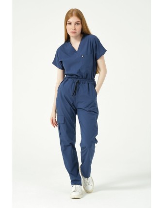 Pratik Medikal Likralı Scrubs Kargo Cep Doktor Hemşire Forması Yarasa Kol Takım Unisex - Fırtına Mavi