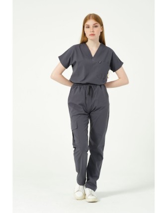 Pratik Medikal Likralı Scrubs Kargo Cep Doktor Hemşire Forması Yarasa Kol Takım Unisex - Füme