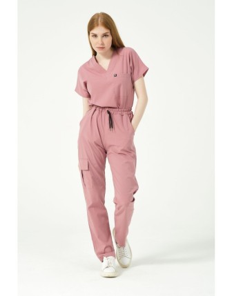 Pratik Medikal Likralı Scrubs Kargo Cep Doktor Hemşire Forması Yarasa Kol Takım Unisex - Gül Kurusu