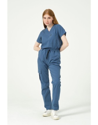 Pratik Medikal Likralı Scrubs Kargo Cep Doktor Hemşire Forması Yarasa Kol Takım Unisex - İndigo
