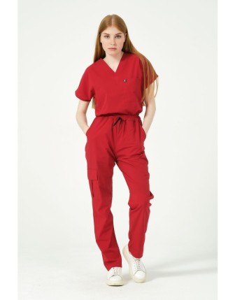 Pratik Medikal Likralı Scrubs Kargo Cep Doktor Hemşire Forması Yarasa Kol Takım Unisex - Kırmızı