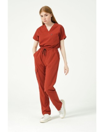 Pratik Medikal Likralı Scrubs Kargo Cep Doktor Hemşire Forması Yarasa Kol Takım Unisex - Kiremit