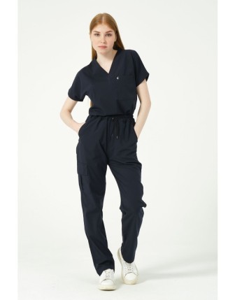 Pratik Medikal Likralı Scrubs Kargo Cep Doktor Hemşire Forması Yarasa Kol Takım Unisex - Lacivert