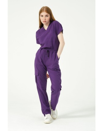 Pratik Medikal Likralı Scrubs Kargo Cep Doktor Hemşire Forması Yarasa Kol Takım Unisex - Mor