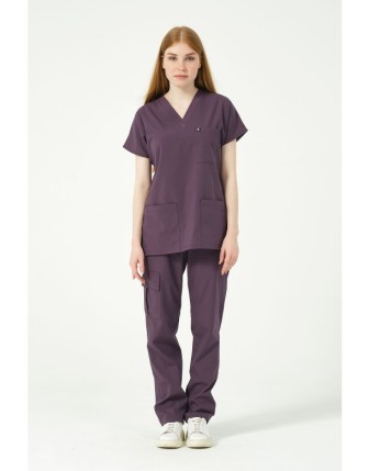 Pratik Medikal Likralı Scrubs Kargo Cep Doktor Hemşire Forması Yarasa Kol Takım Unisex - Mürdüm