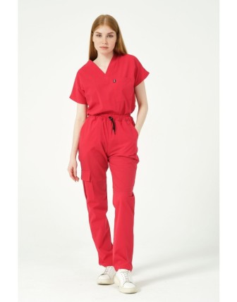 Pratik Medikal Likralı Scrubs Kargo Cep Doktor Hemşire Forması Yarasa Kol Takım Unisex - Nar Çiçeği