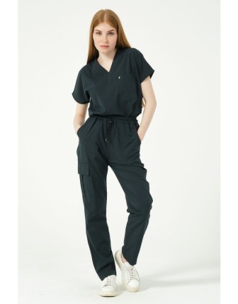 Pratik Medikal Likralı Scrubs Kargo Cep Doktor Hemşire Forması Yarasa Kol Takım Unisex - Ördek Yeşili