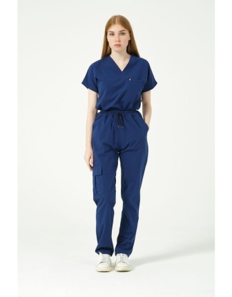 Pratik Medikal Likralı Scrubs Kargo Cep Doktor Hemşire Forması Yarasa Kol Takım Unisex - Saks Mavi