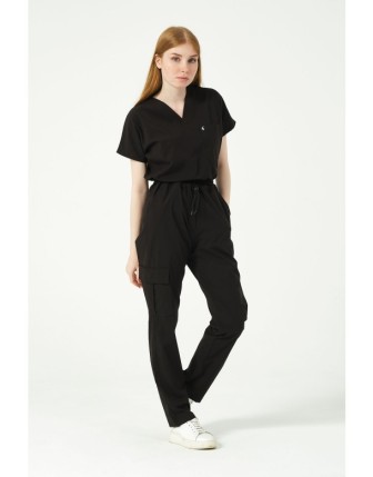 Pratik Medikal Likralı Scrubs Kargo Cep Doktor Hemşire Forması Yarasa Kol Takım Unisex - Siyah