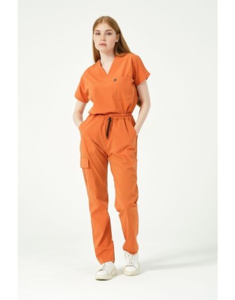 Pratik Medikal Likralı Scrubs Kargo Cep Doktor Hemşire Forması Yarasa Kol Takım Unisex - Somon