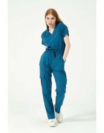 Pratik Medikal Likralı Scrubs Kargo Cep Doktor Hemşire Forması Yarasa Kol Takım Unisex - Turkuaz