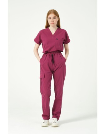 Pratik Medikal Likralı Scrubs Kargo Cep Doktor Hemşire Forması Yarasa Kol Takım Unisex - Vişne